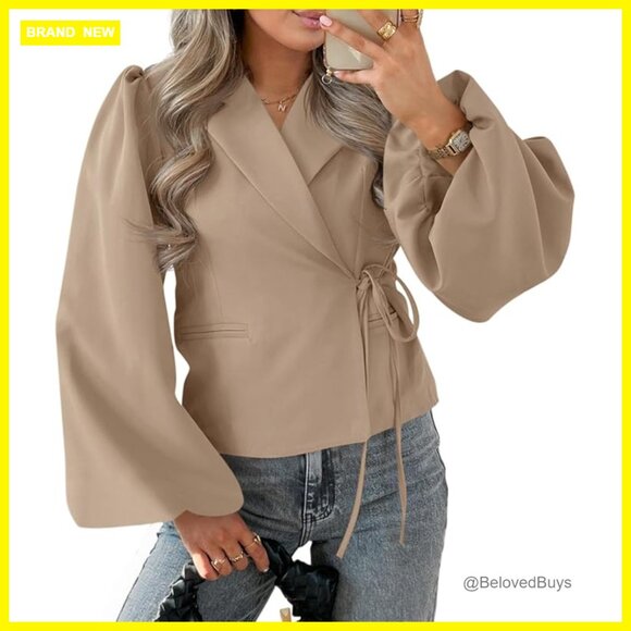 Puff Sleeve V-Neck Cropped Blazer Recycled Polyester Blend Work Office Casual